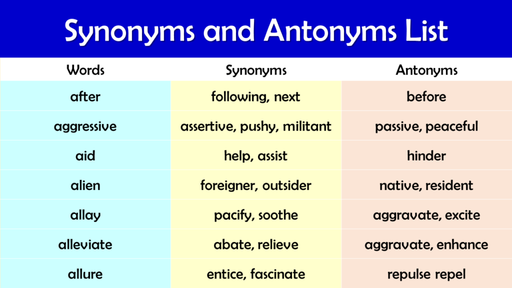 synonyms and antonyms list