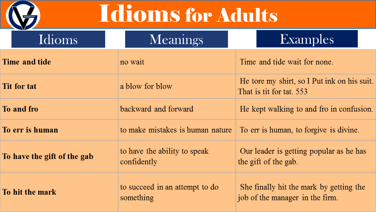 idioms examples for adult