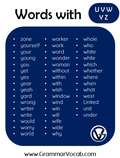 words in english with w v y and z