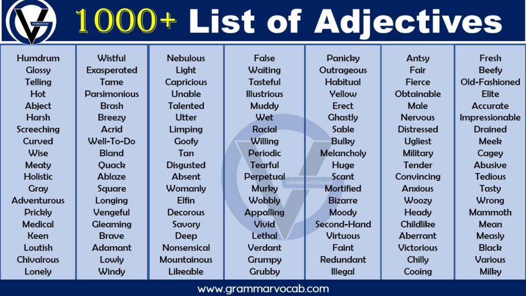 1000 List Of Adjectives Definition List PDF Link GrammarVocab