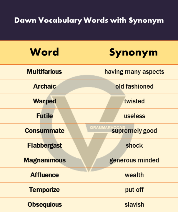 Dawn vocabulary list