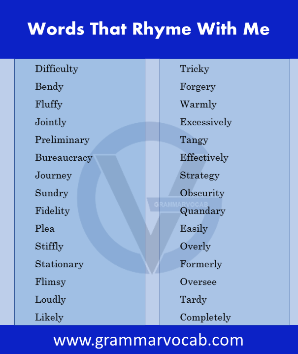 Words That Rhyme With Me - Me Rhymes Words - GrammarVocab