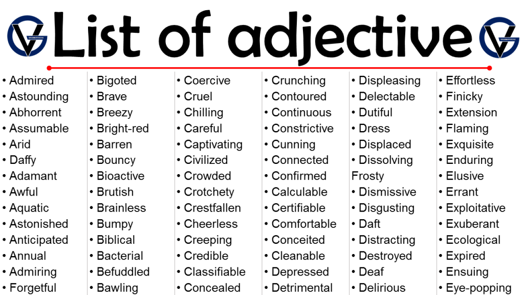 List Of Adjective Words In English