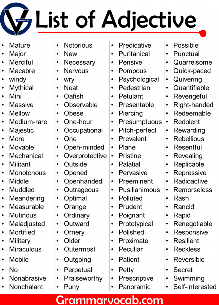 500+ List of Adjective Words - Definition of Adjective - GrammarVocab