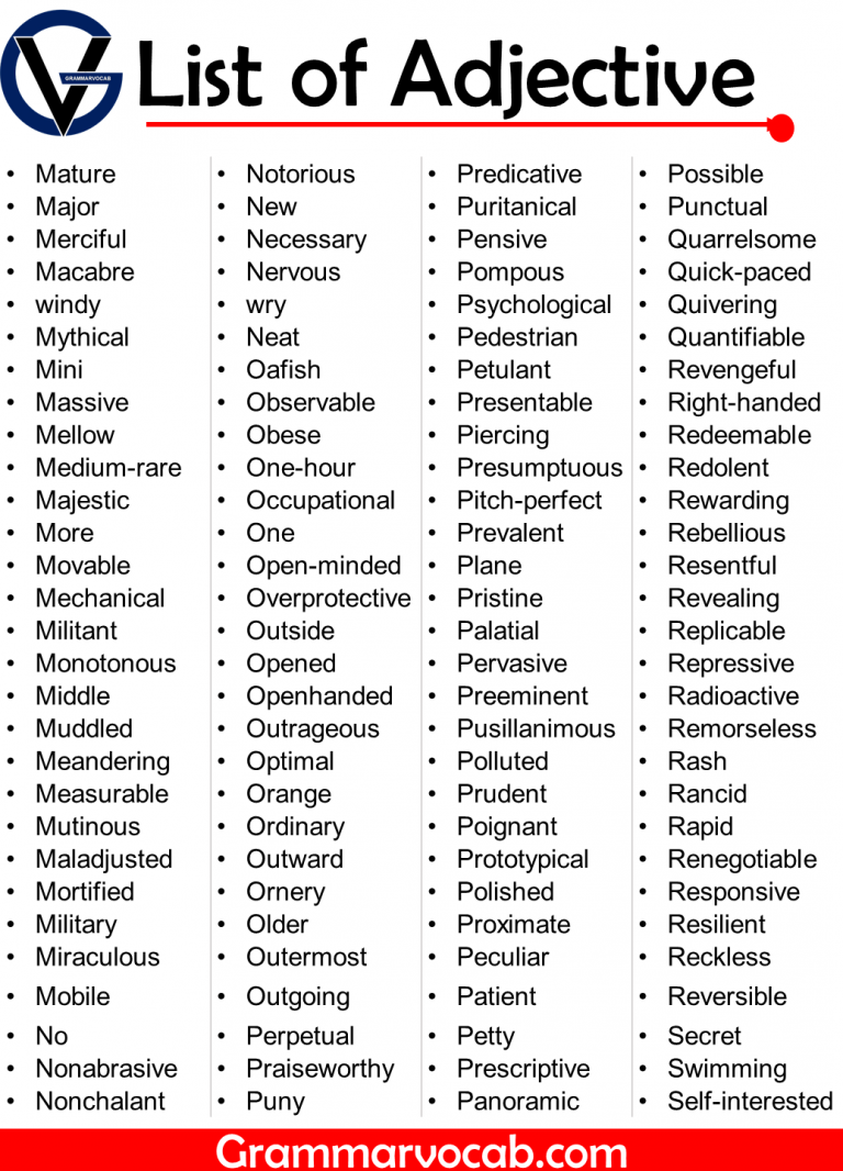 500+ List of Adjective Words - Definition of Adjective - GrammarVocab