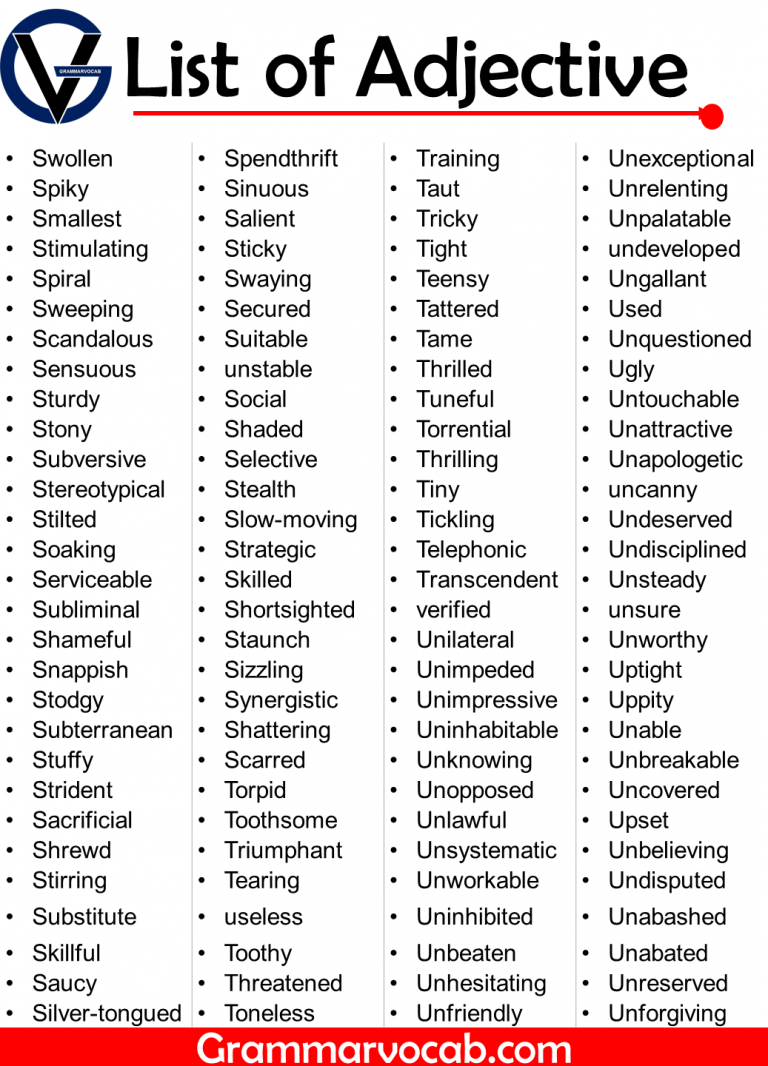 500+ List of Adjective Words - Definition of Adjective - GrammarVocab