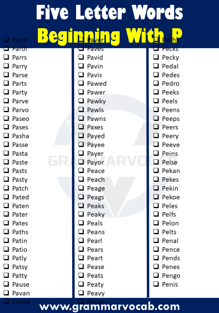 300 Five Letter Words That Begin With P GrammarVocab