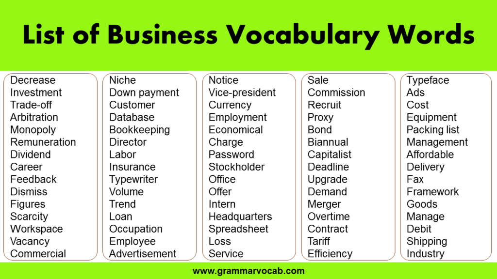 100 List Of Business Vocabulary Words GrammarVocab