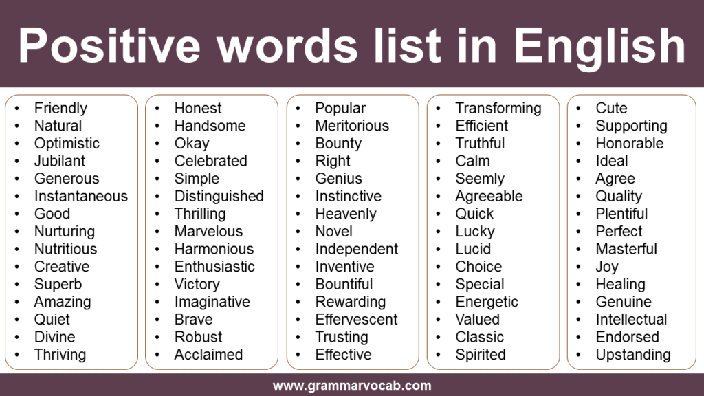 100 Positive Words List, Positive Vocabulary In English   English Vocabs