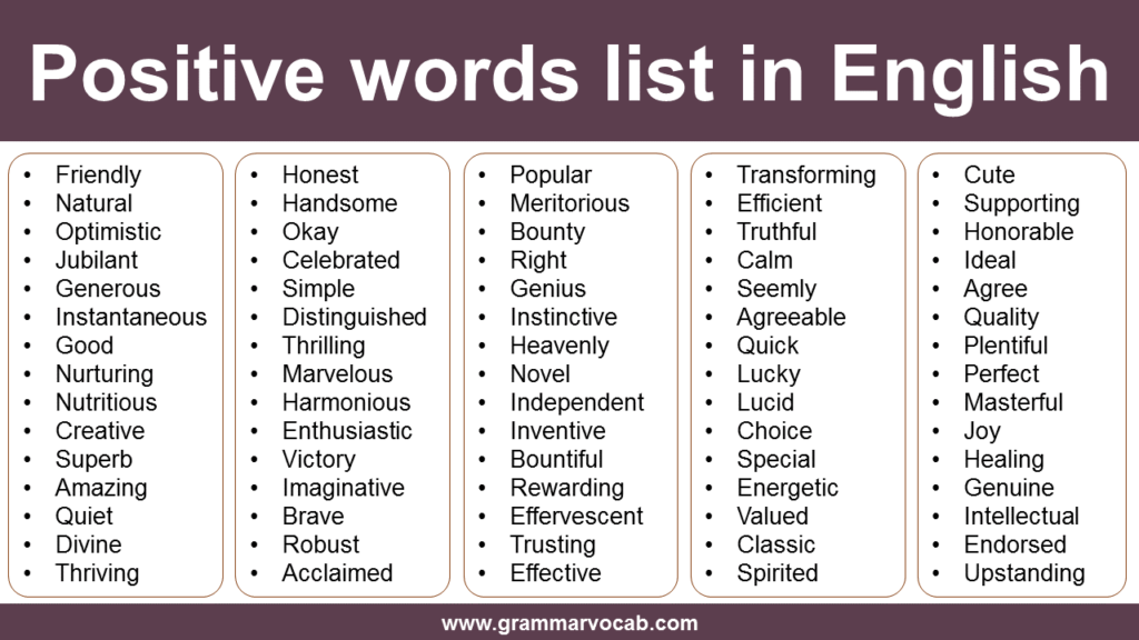 100 Positive Words List In English GrammarVocab