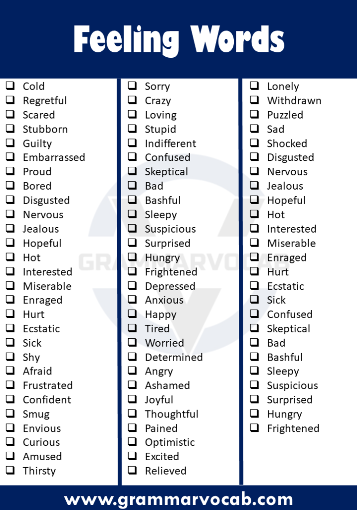 A List of Feeling Words | 100 Feeling Words - GrammarVocab