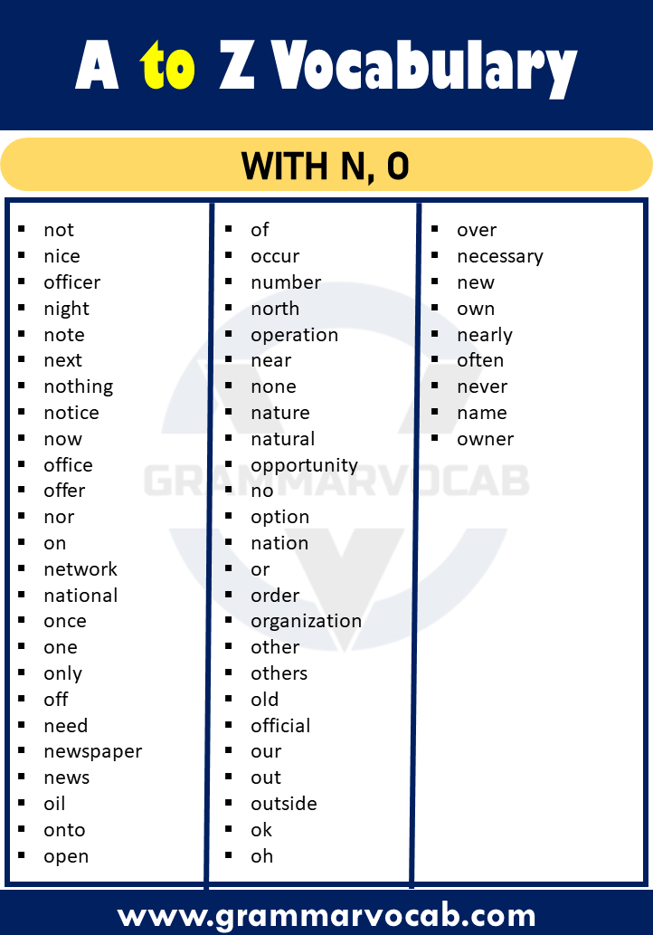 vocabulary words with n, o