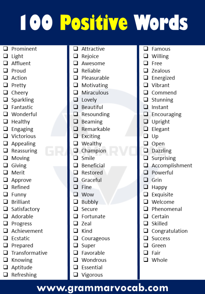 100 Positive Words List in English - GrammarVocab