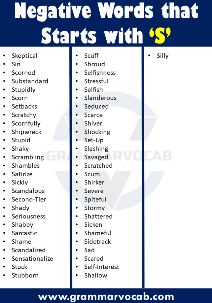 Negative Words That Begin With S - GrammarVocab