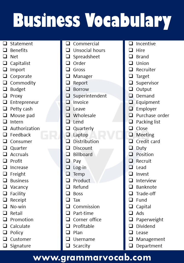 Business English Vocabulary, Meaning & Example Sentences, Business English  Words 