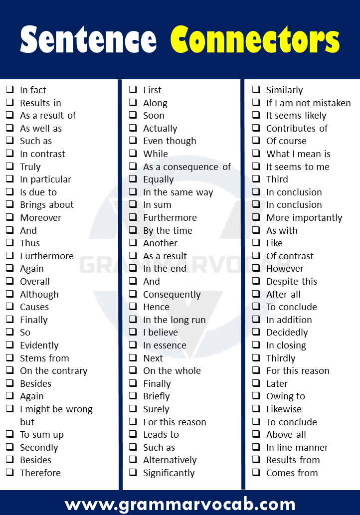 100 Sentence Connectors in English GrammarVocab