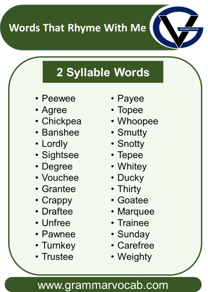 List of Words That Rhyme With Me - GrammarVocab