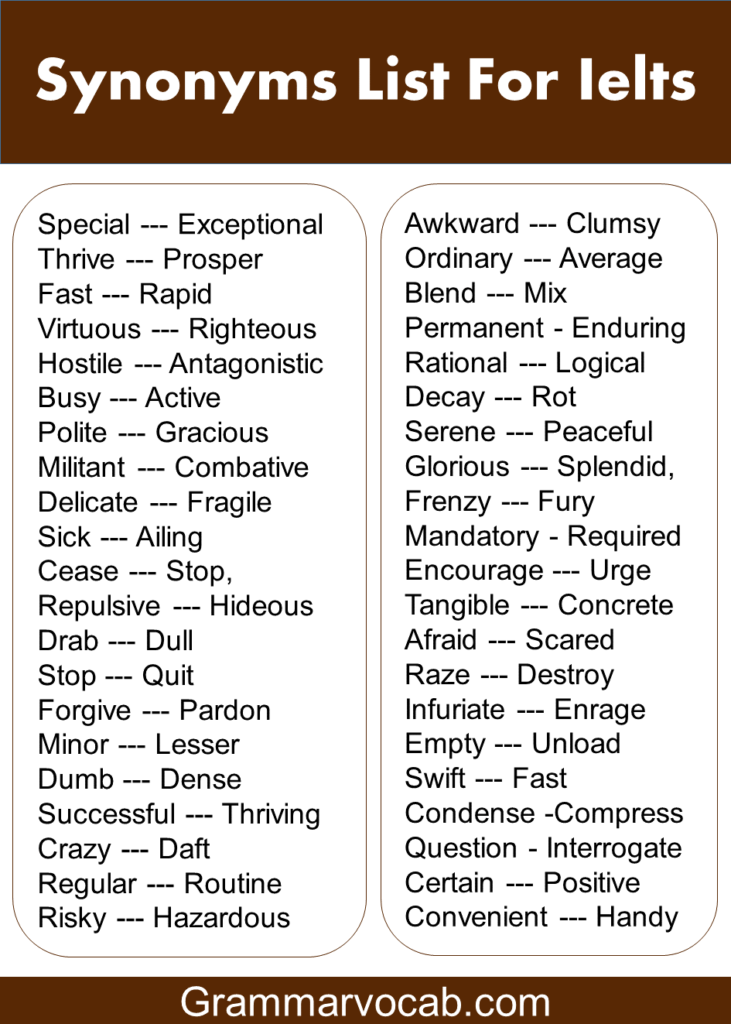 200 Synonyms Words List for Ielts - Ielts Vocabulary - GrammarVocab