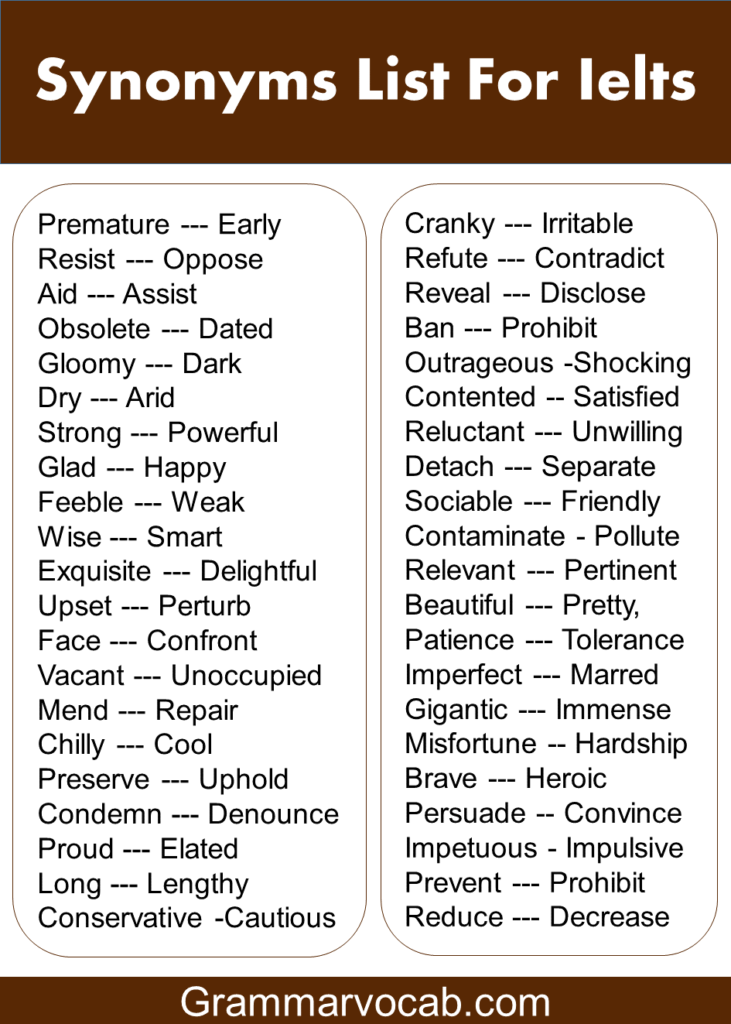 200 Synonyms Words List for Ielts - Ielts Vocabulary - GrammarVocab