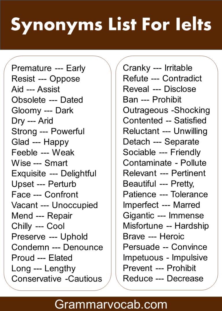 200 Synonyms Words List for Ielts - Ielts Vocabulary - GrammarVocab