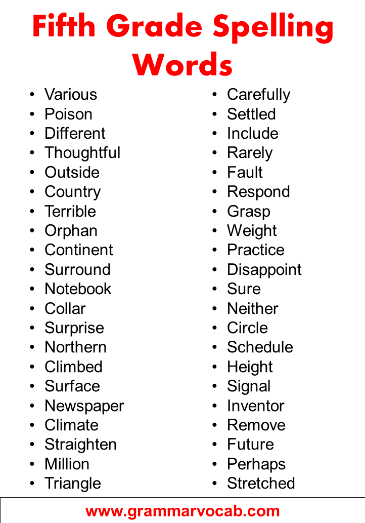 Fifth Grade Spelling Words List GrammarVocab