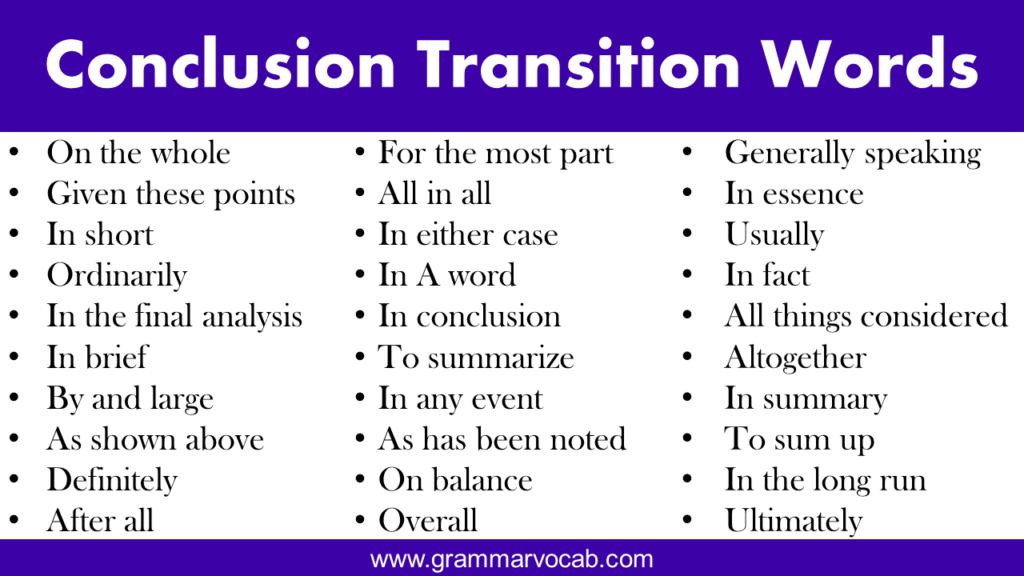 Conclusion Transition Words List
