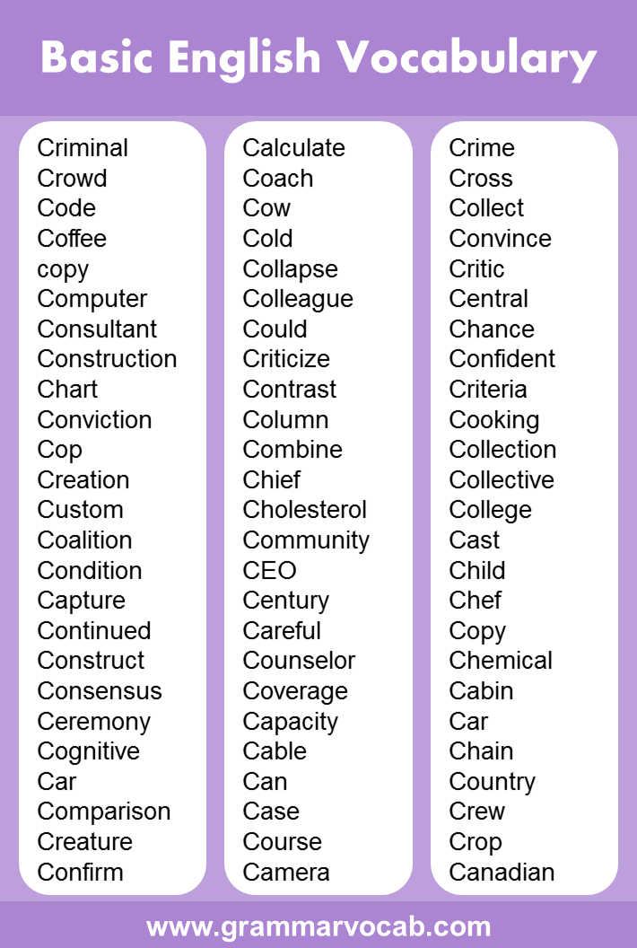 Basic English Vocabulary List