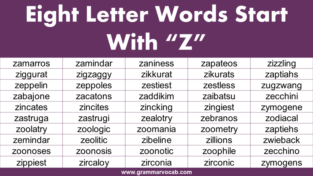 Eight letter words starting with Z