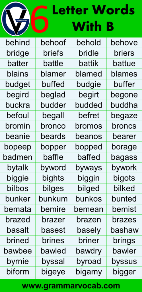 Six Letter Words with B - GrammarVocab