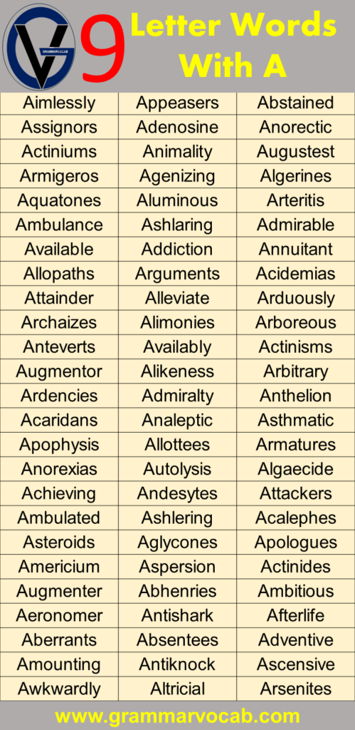 Nine Letter Words Starting With A - GrammarVocab