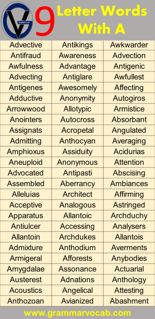 Nine Letter Words Starting With A - GrammarVocab