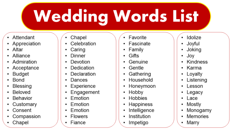 Wedding Words List: Wedding Related Vocabulary Words - GrammarVocab