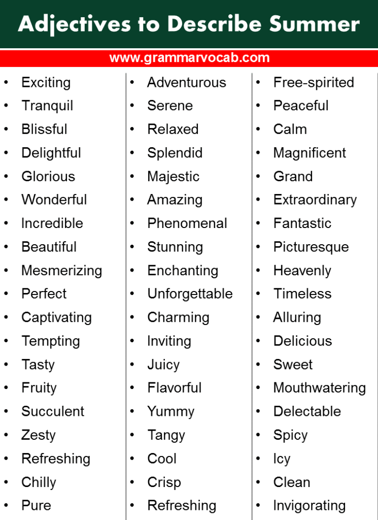Adjectives to Describe Summer GrammarVocab