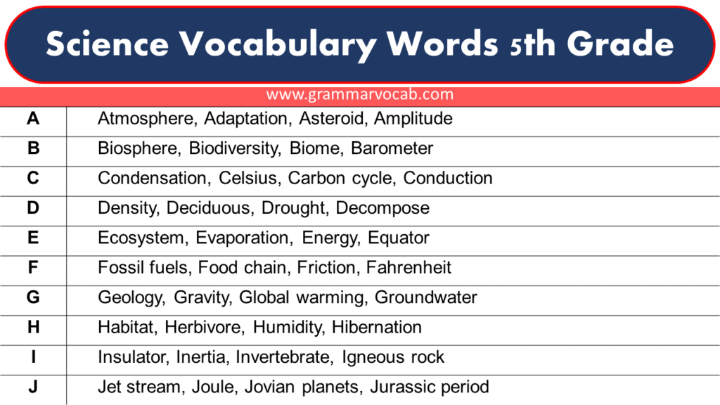 Science Vocabulary Words 5th Grade GrammarVocab