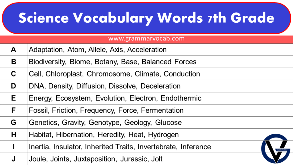 Science Vocabulary Words 7th Grade