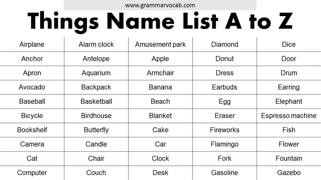 Things Name List A to Z