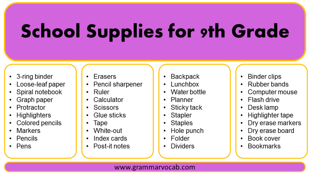 List of School Supplies for 9th Grade