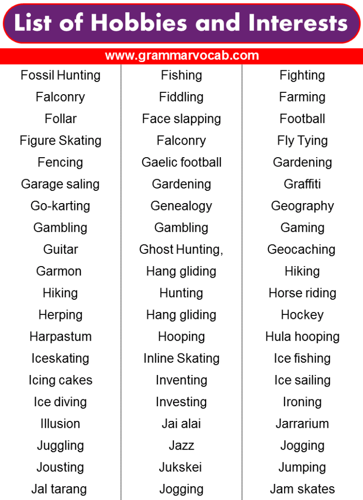 List of Hobbies and Interests - GrammarVocab