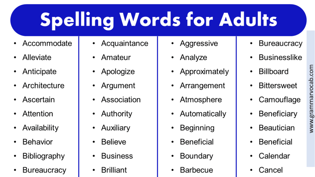 List Of Spelling Words For Adults PDF GrammarVocab