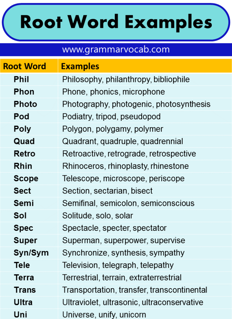 Root Words Root Word Examples GrammarVocab