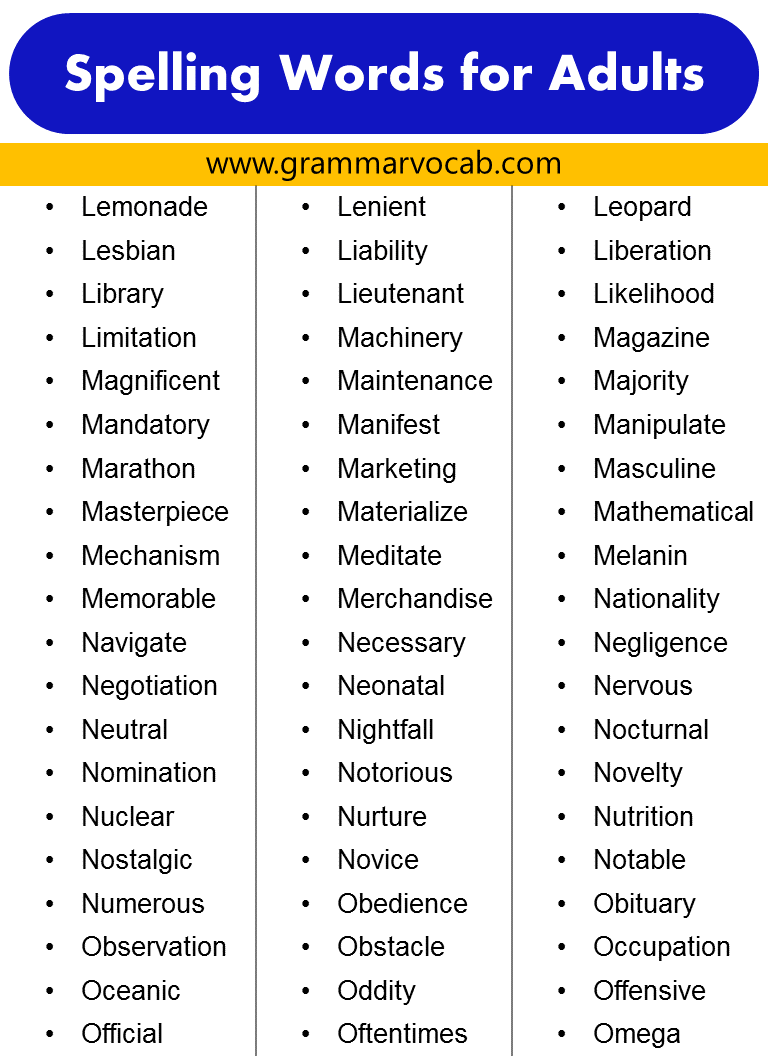 List Of Spelling Words For Adults PDF GrammarVocab