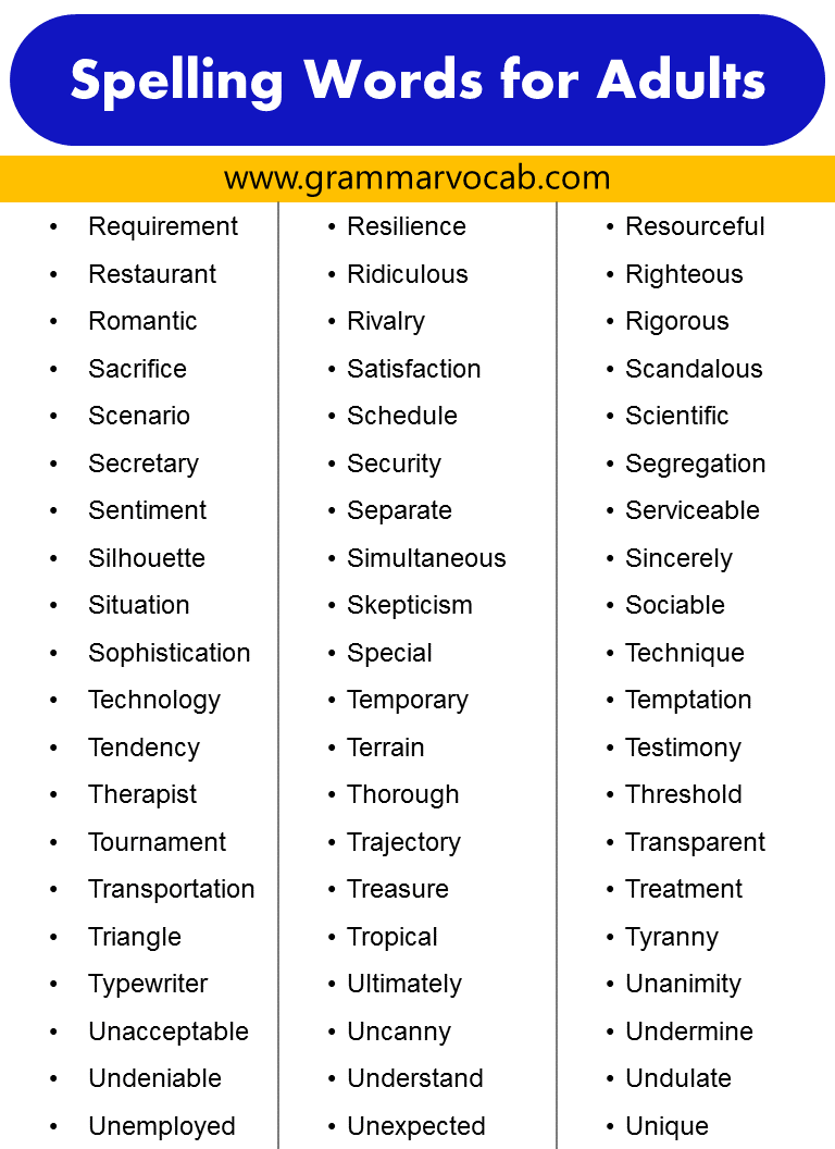 List Of Spelling Words For Adults PDF GrammarVocab