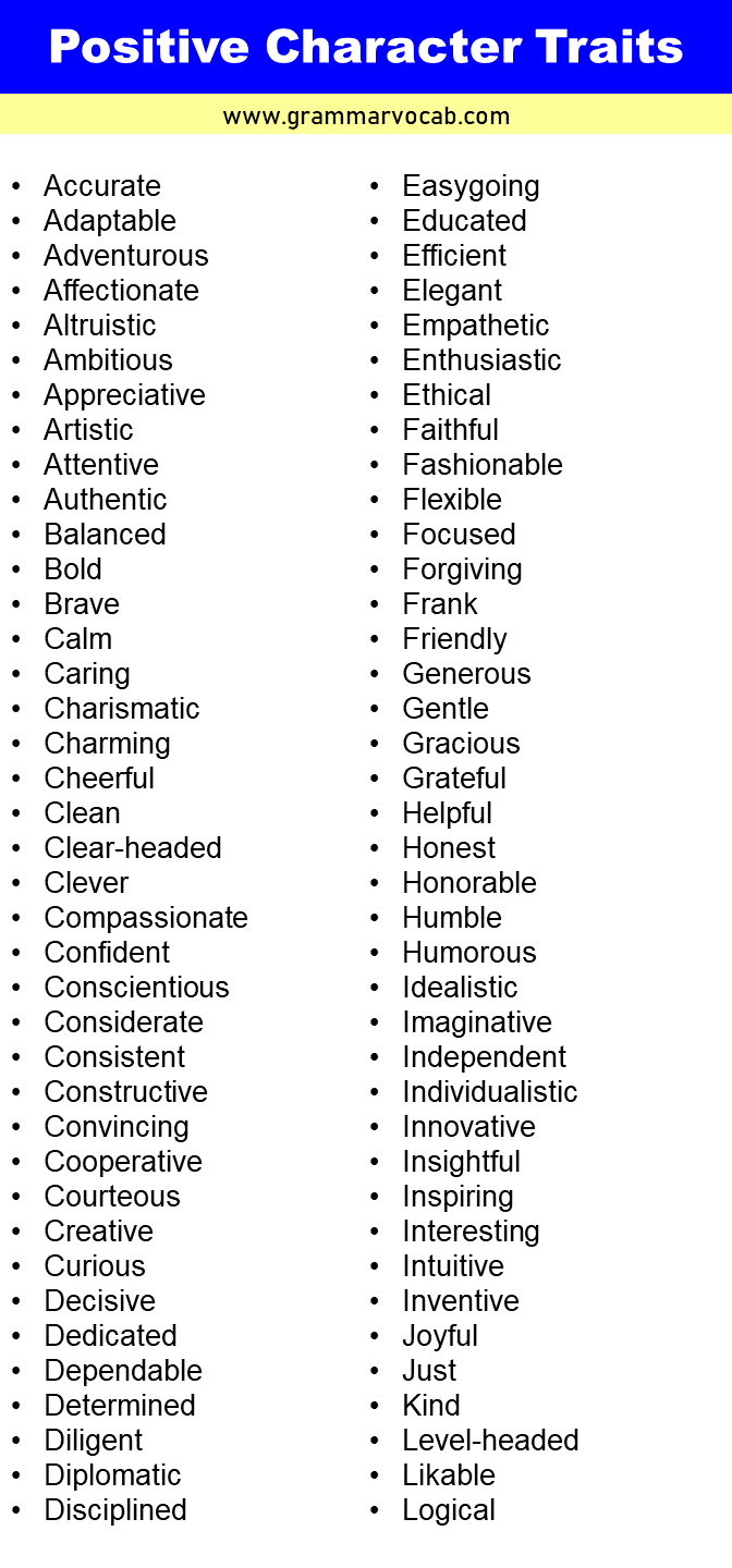 Positive and Negative Character Traits List | PDF - GrammarVocab