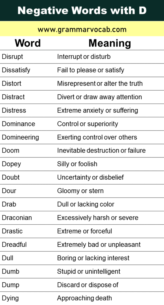 Negative Words That Start with D - GrammarVocab