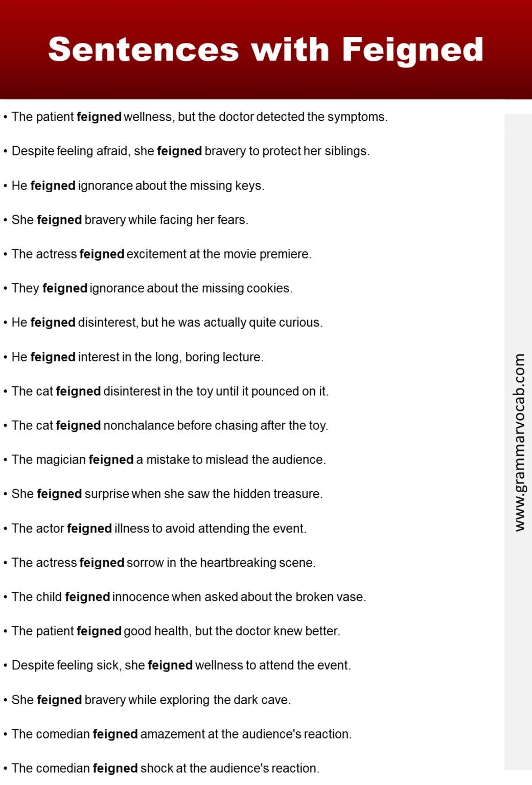 Use Feigned in A Sentence - GrammarVocab