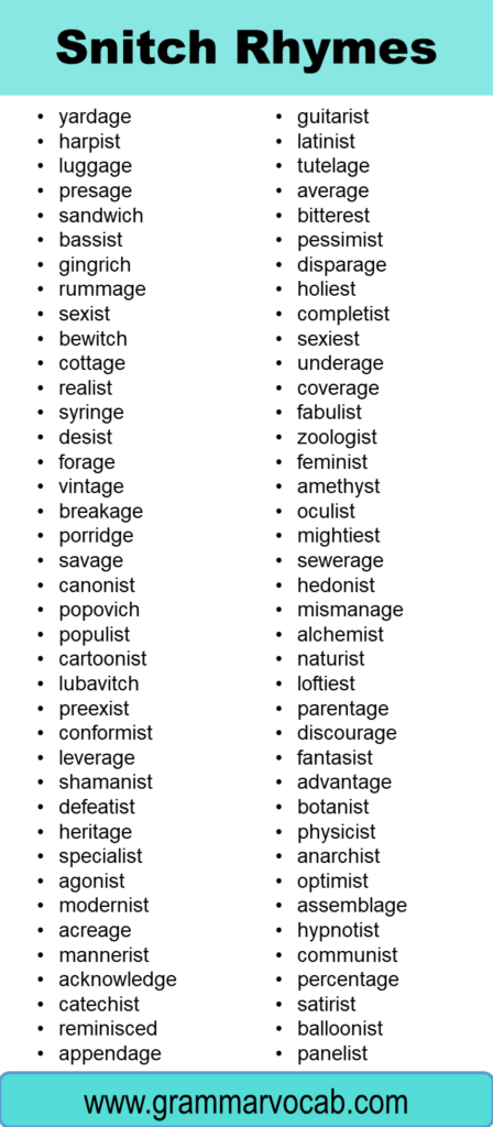 Words That Rhyme With Snitch - GrammarVocab