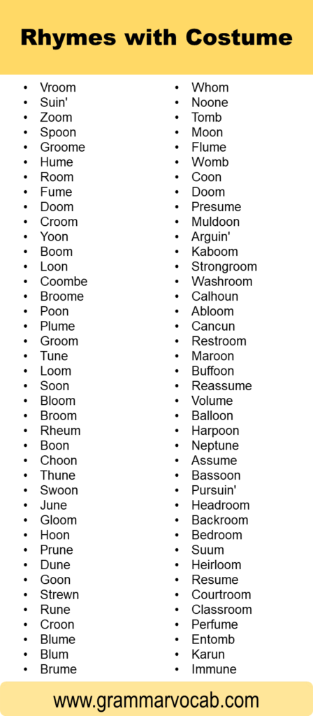 List of Rhymes with Costume - GrammarVocab