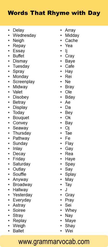 Words That Rhyme With Day - GrammarVocab