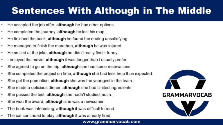 Sentences With Although in The Middle - GrammarVocab