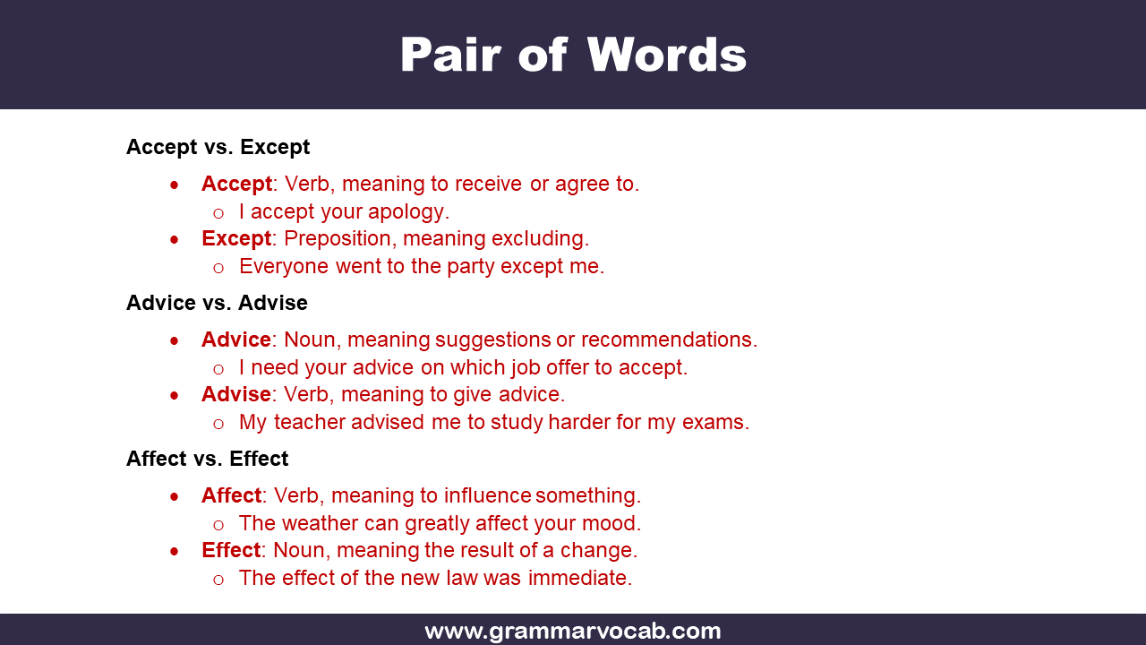 List of Pair of Words with Meaning and Examples - GrammarVocab